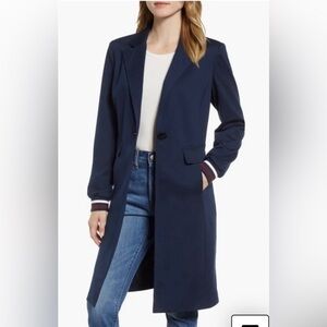 NWOT Halogen Navy Rib Trim Ponte Knit Jacket Sport Coat Striped Sleeves Sz XS